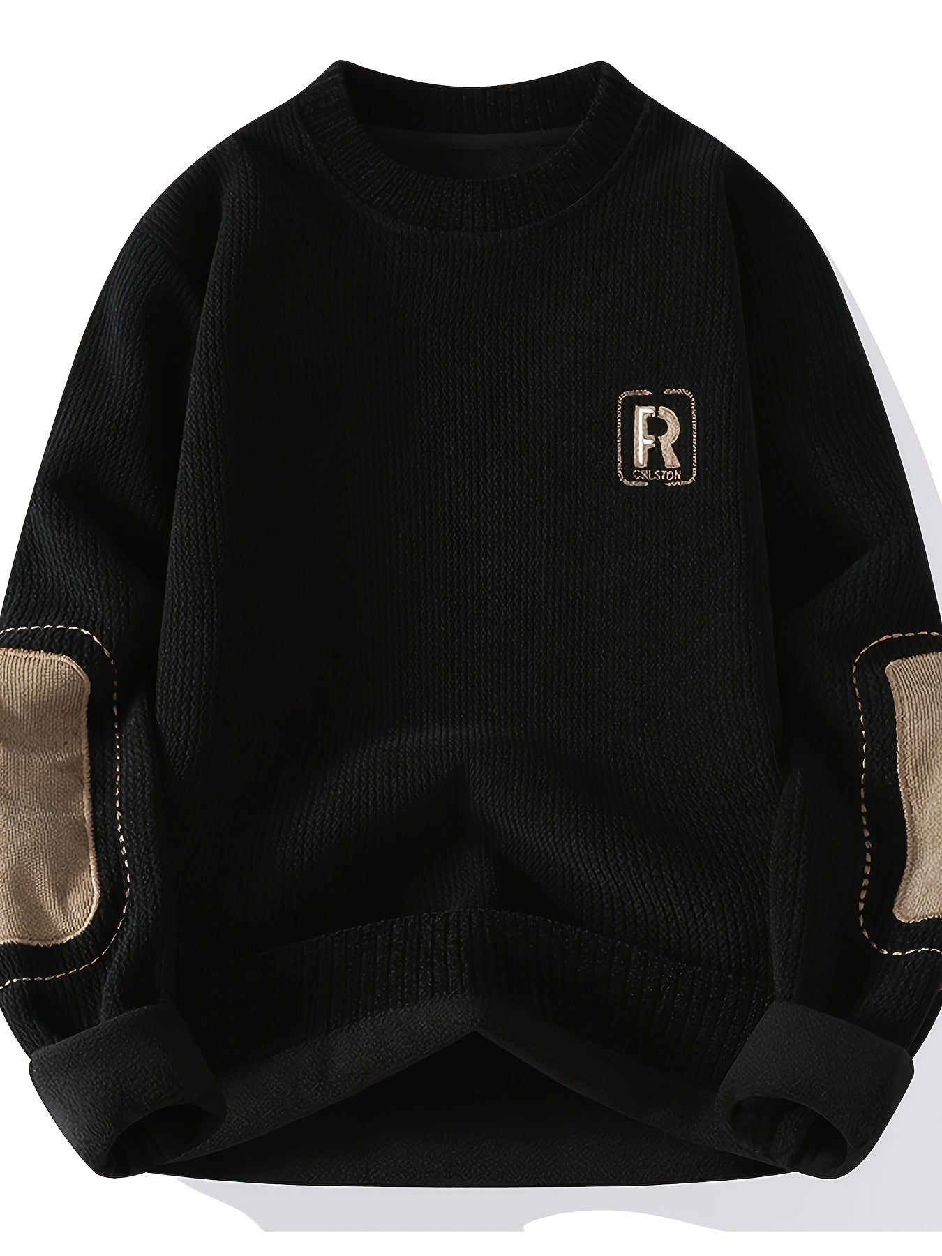 Unisex Langarm Sweatshirt mit Ellenbogen-Patches, Rundhalsausschnitt, gerippter Textur