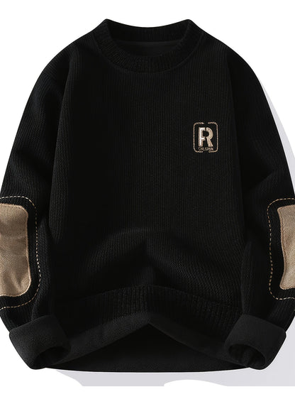 Unisex Langarm Sweatshirt mit Ellenbogen-Patches, Rundhalsausschnitt, gerippter Textur