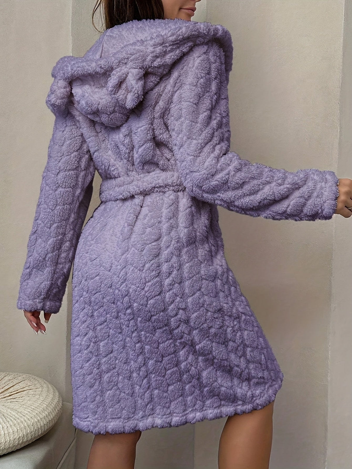 Damen Bademantel Flauschig mit Kapuze & Ohren Bindegürtel Langarm