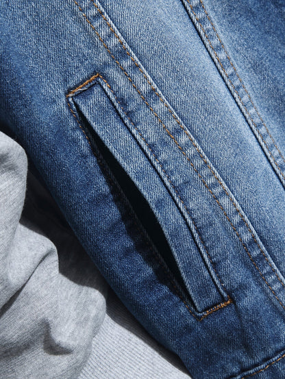 Herren Jeansjacke mit Kapuze Denim und Sweatstoff Ärmel Grau
