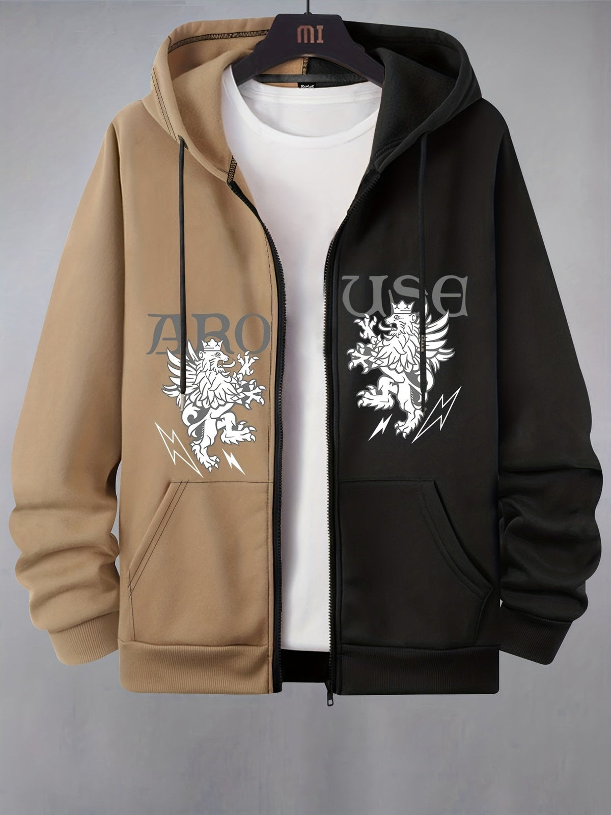 Hoodie mit Reißverschluss, zweifarbig, Kapuze, Kängurutaschen, Motiv