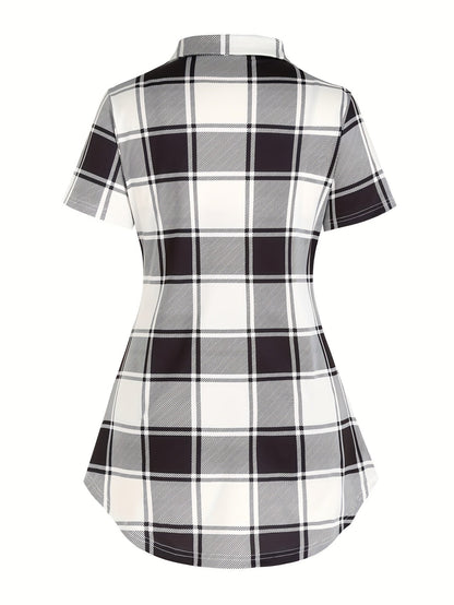 Damen Kurzarm Karo Hemdbluse mit Überkreuz-Detail – Eleganter Freizeit-Look für den Sommer