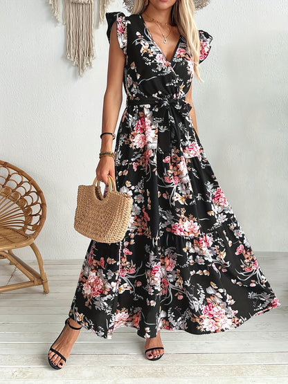 Damen Maxikleid mit Blumendruck und Gürtel – Elegantes Sommerkleid im Boho-Stil für Urlaub und Freizeit