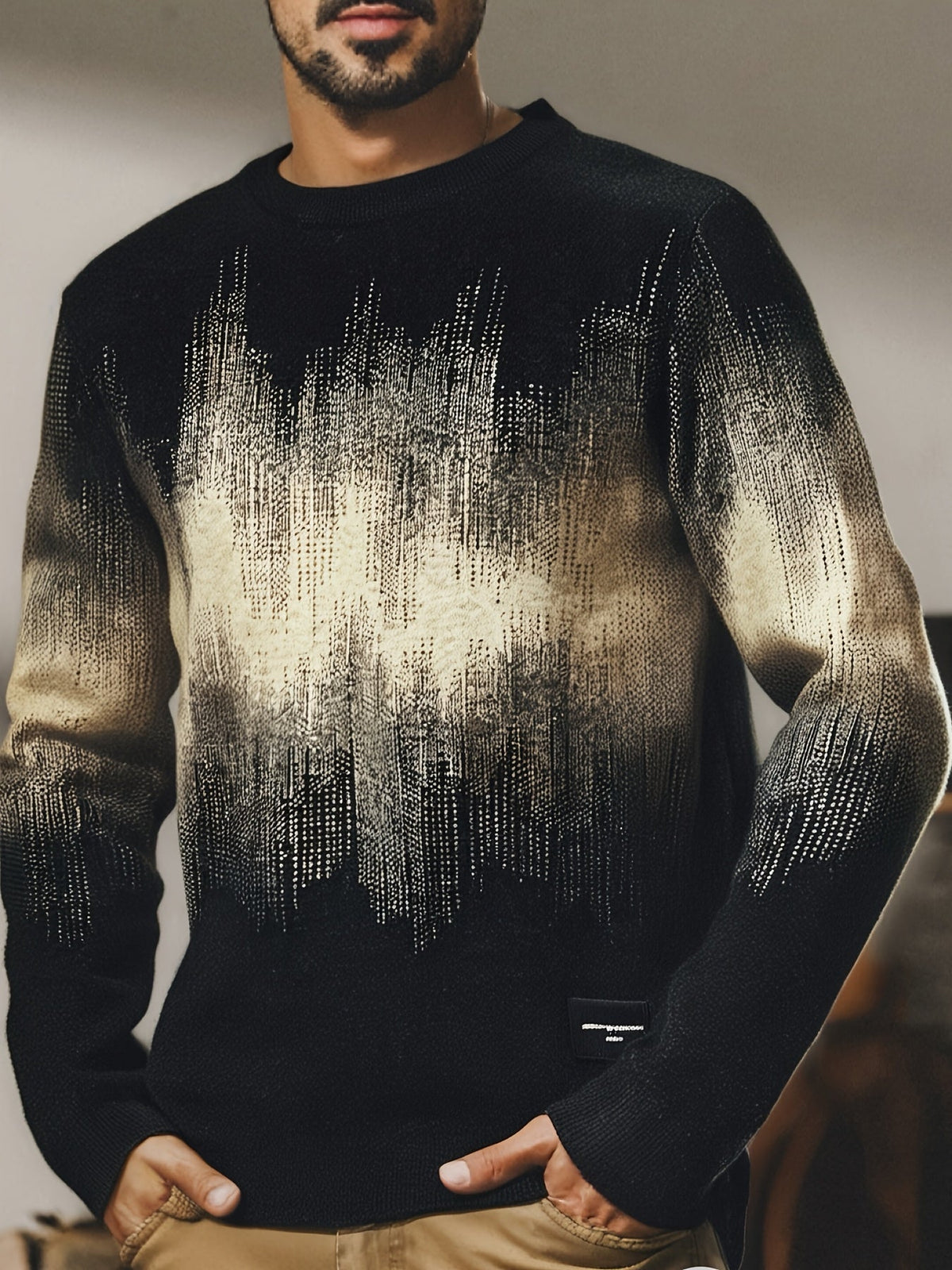 Unisex Pullover Rundhals mit Wavy Muster Dunkelblau Schwarz