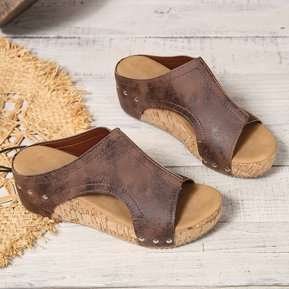 Damen Vintage Keilsandaletten mit offener Spitze für den Sommer – Bequeme Slip-On Plateau-Schuhe