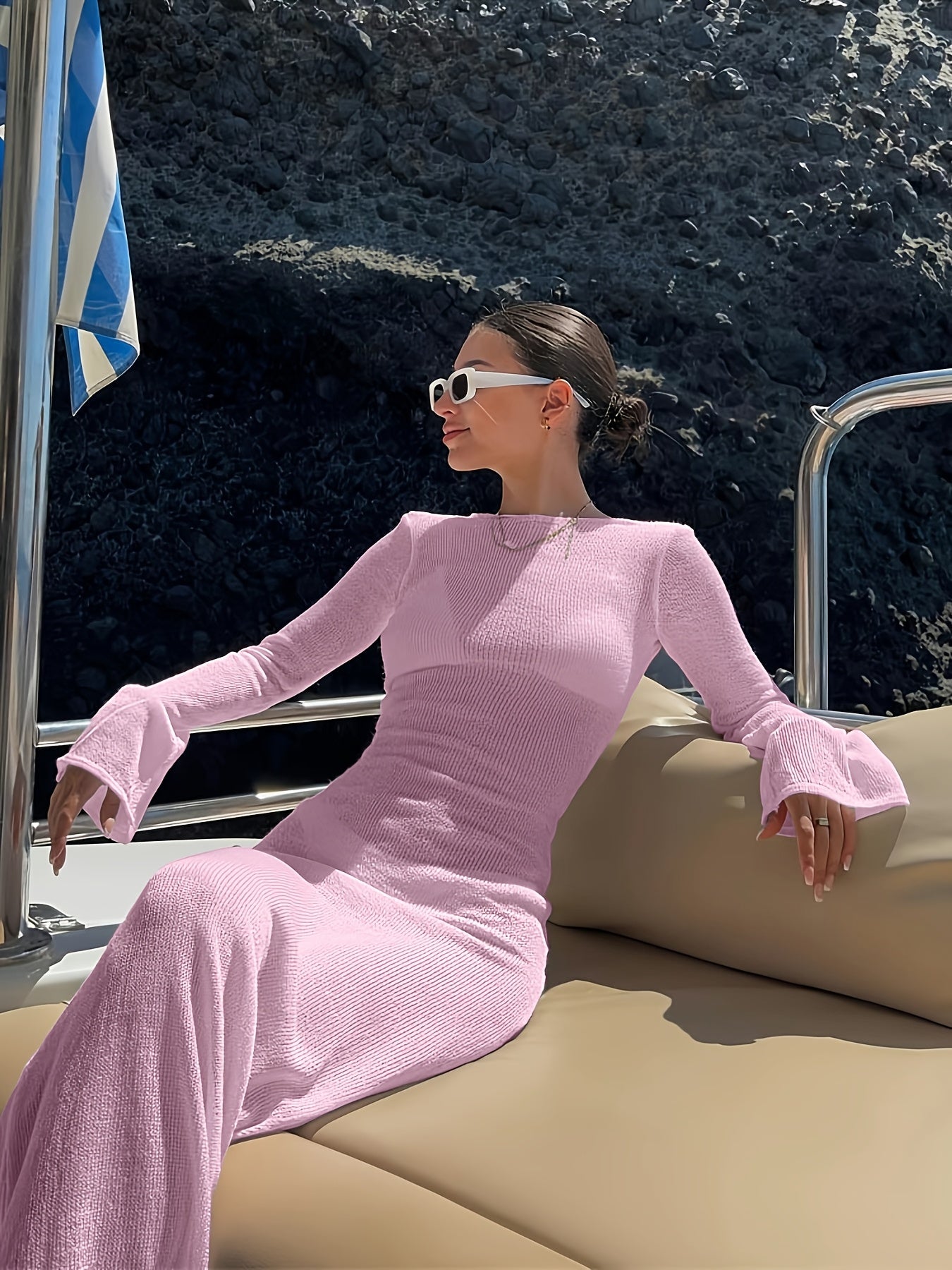 Damen Maxi-Strandkleid mit langen Ärmeln und elegantem Schnitt – Stilvolles Urlaubsoutfit für Boot, Strand & Resort