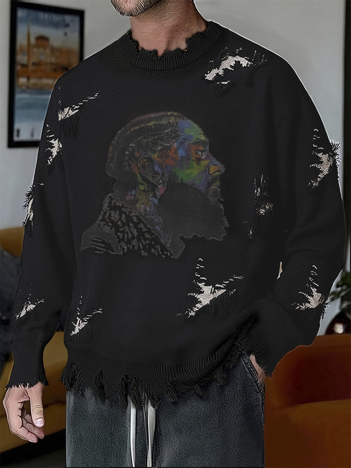 Herren Pullover Rundhals mit Ripped-Details und Grafik-Print, Langarm Strickpullover