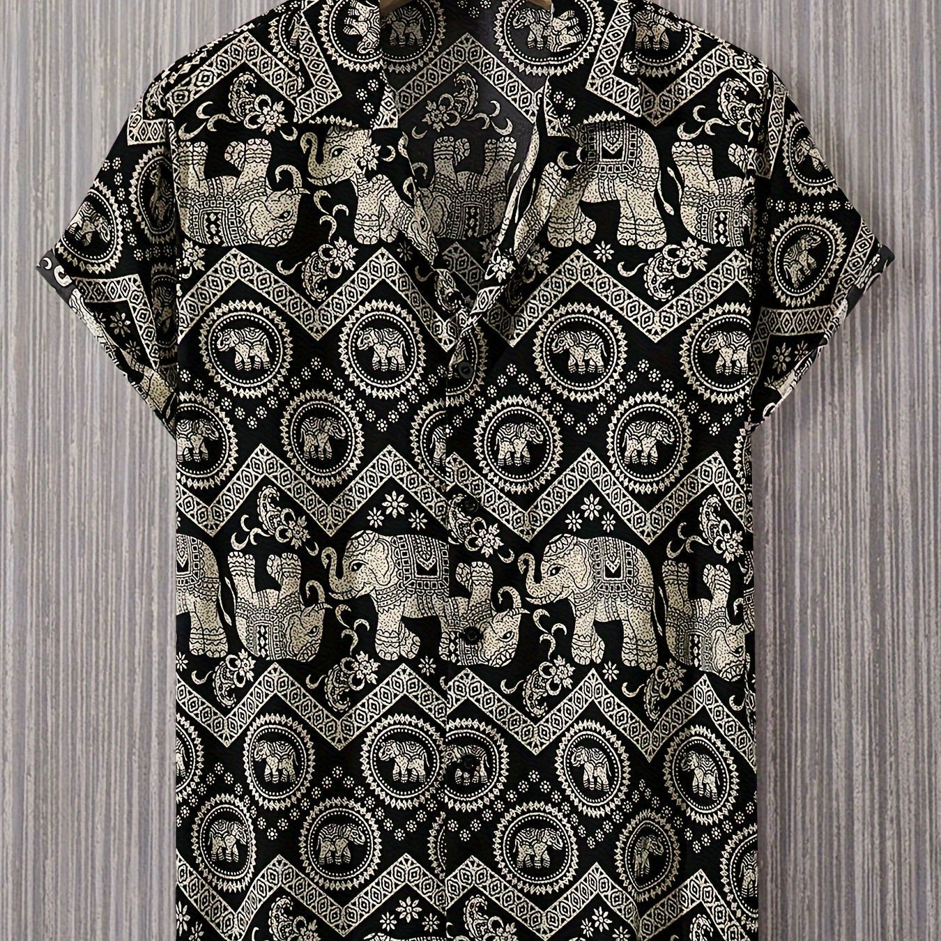 Herren Resorthemd mit Elefanten- und Mandala-Muster, Kurzarm, Boho-Stil für Freizeit und Urlaub