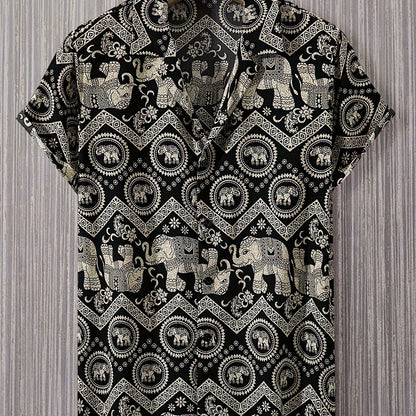 Herren Resorthemd mit Elefanten- und Mandala-Muster, Kurzarm, Boho-Stil für Freizeit und Urlaub