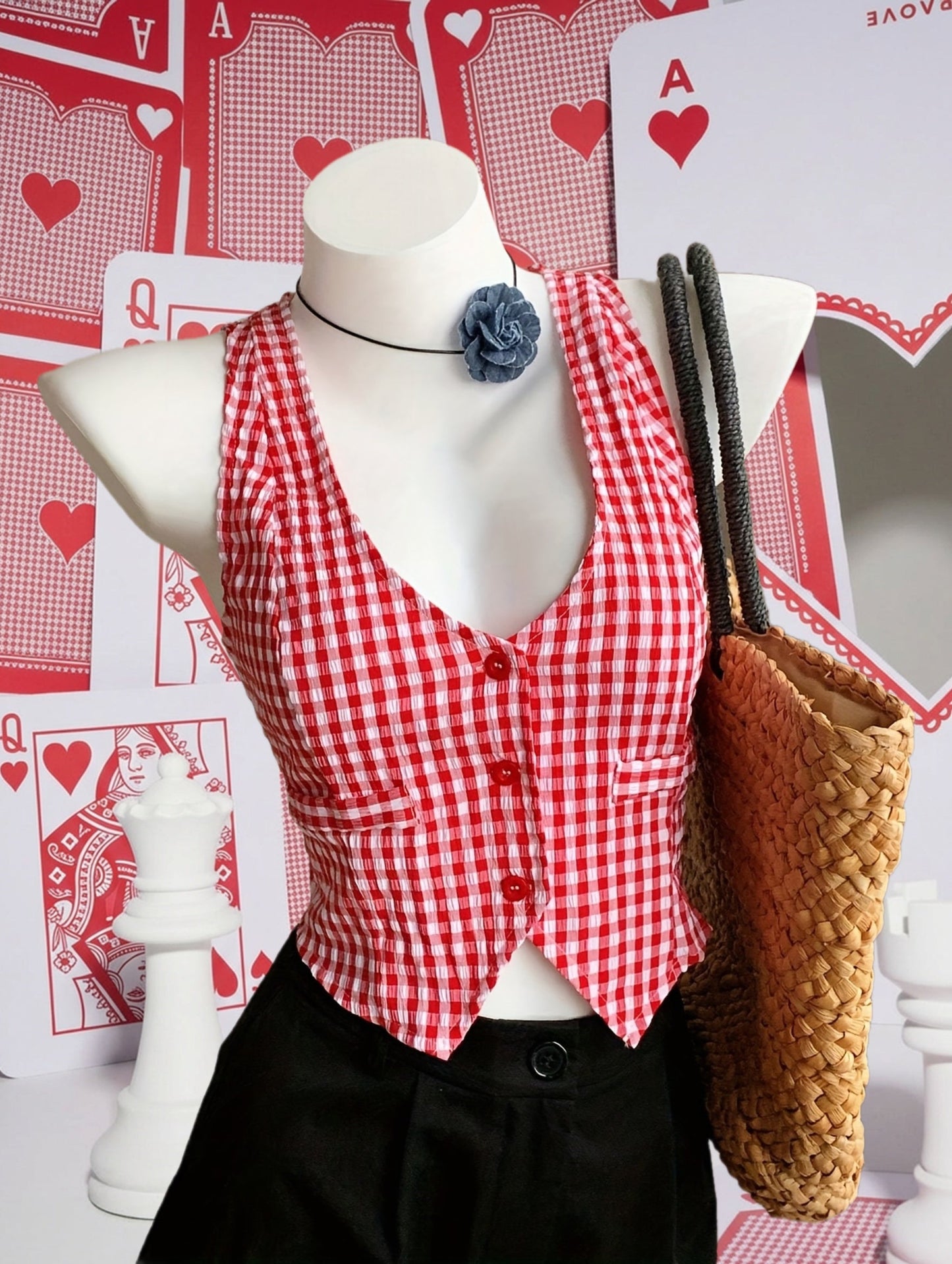 Damen Karierte Weste im Vintage-Stil – Eleganter Sommer Look für Freizeit & Alltag
