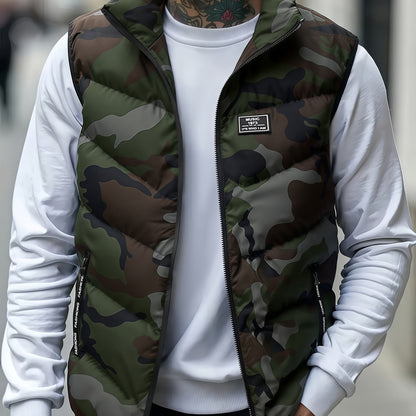 Herren Steppweste Camouflage mit Stehkragen und Reißverschluss, gepolsterte ärmellose Weste für Frühling und Herbst