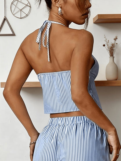 Damen Halter Neck Streifen Crop Top – Trendiges Freizeit- und Urlaubsoutfit