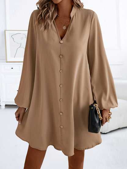 Damen Elegantes Freizeitkleid mit Knopfleiste und V-Ausschnitt – Lässig Modern für Alltag & Büro