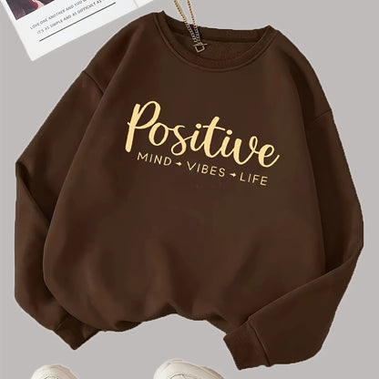 Damen Sweatshirt Braun mit Schriftzug "Positive Mind Vibes Life" Rundhals Langarm Oversized