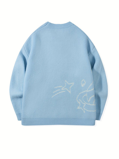 Unisex Strickpullover Rundhals mit Weltall-Muster & Sternen