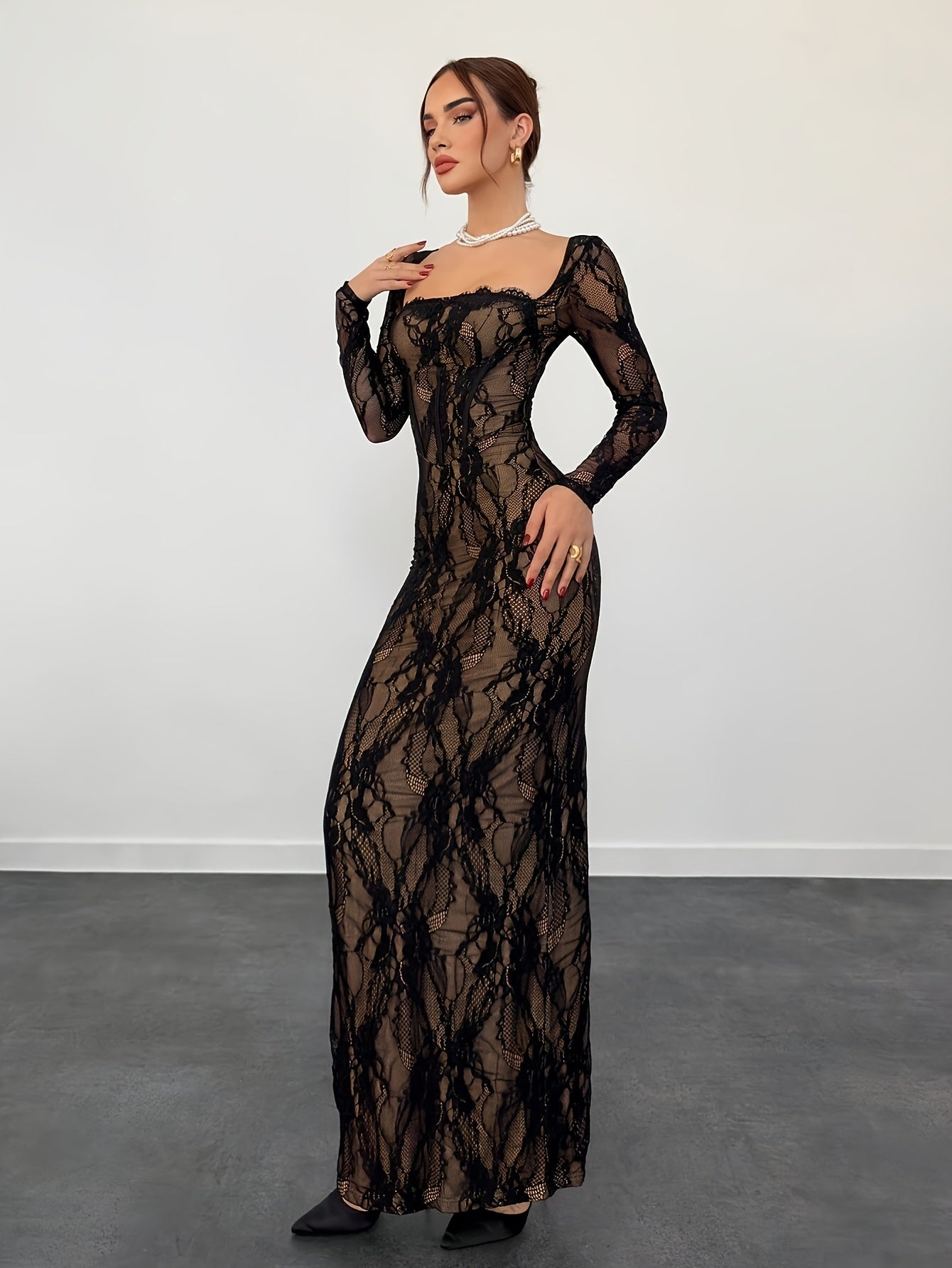 Damen Elegantes Bodycon Abendkleid mit Spitze und Langarm – Stilvolles Partykleid für besondere Anlässe