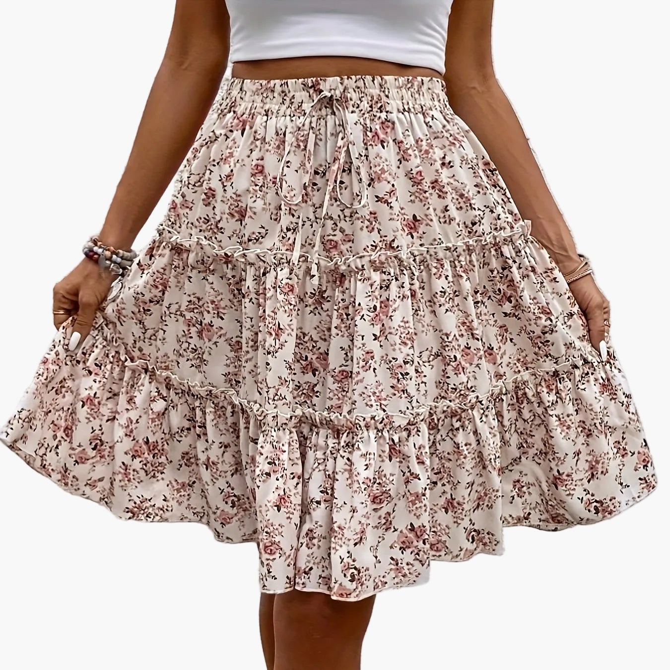 Damen Boho Midirock mit Blumenmuster und Volant – Eleganter Sommerrock für Alltag und Freizeit