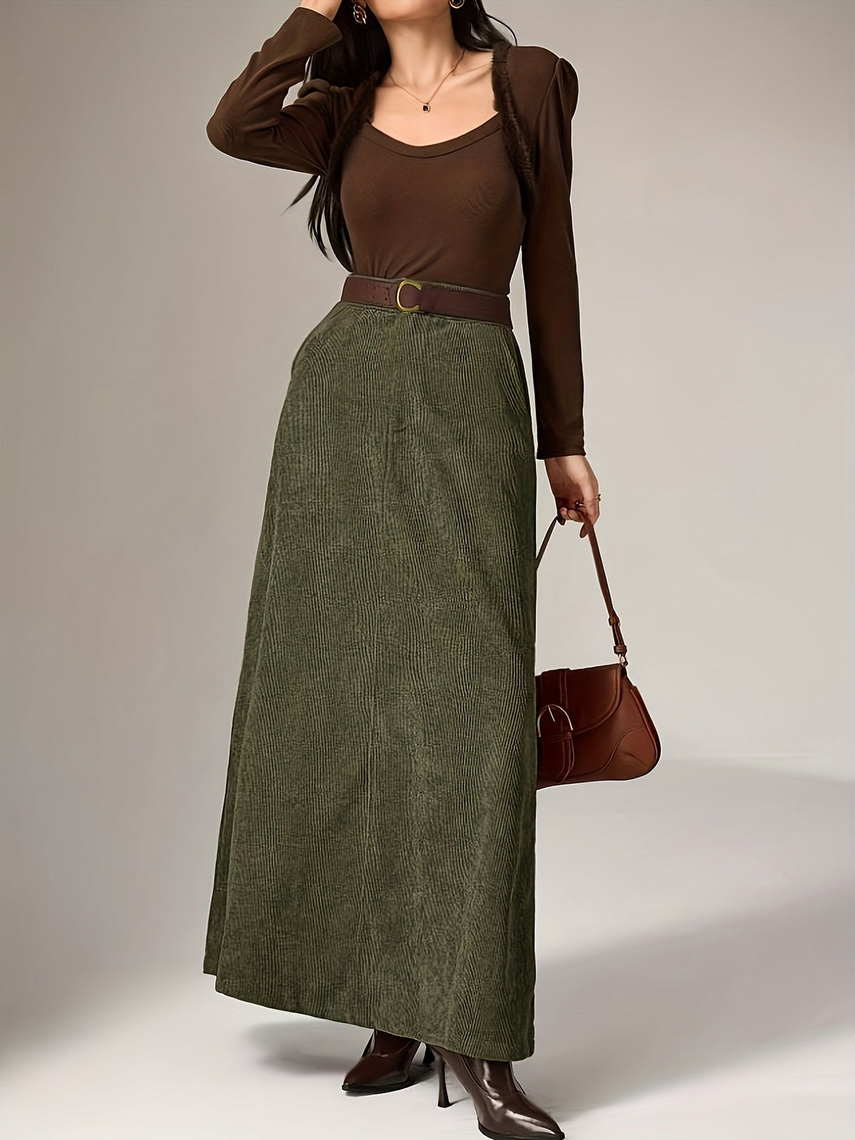 Damen Maxirock A-Linie Cordoptik Hohe Taille mit Seitentaschen