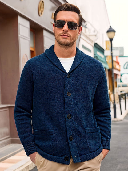 Herren Cardigan mit Schalkragen, Knopfleiste und Taschen, marineblau