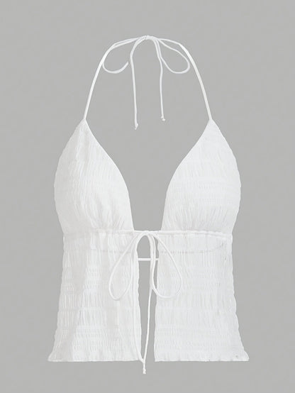 Damen Halterneck Top mit Raffungen und Bindeband – Modisches Party- und Ausgehtop