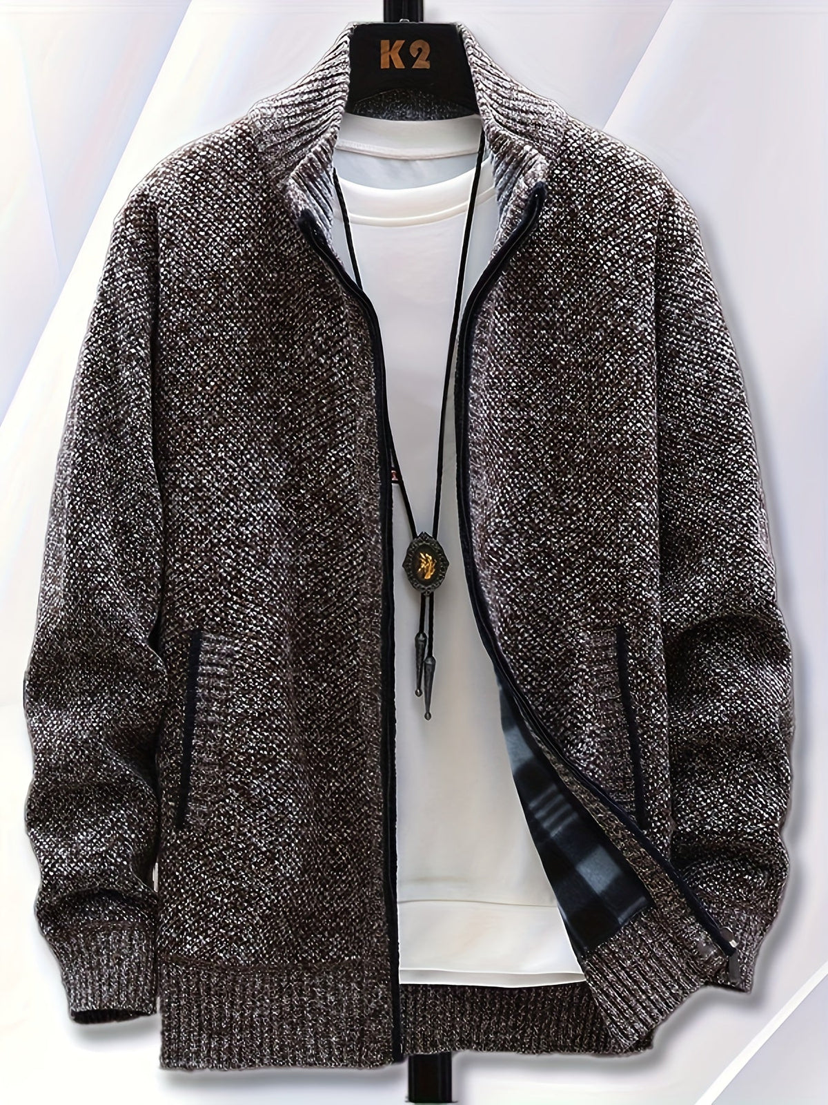 Herren Strickjacke mit Reißverschluss Stehkragen und Taschen meliert