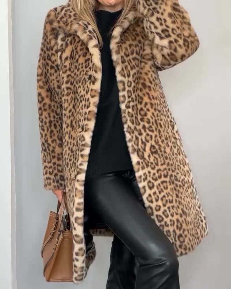 Damen Leopard Print Mantel Warmer Kunstfell-Mantel mit Reverskragen