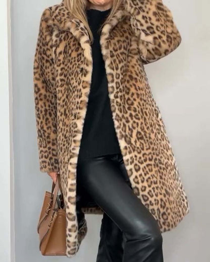 Damen Leopard Print Mantel Warmer Kunstfell-Mantel mit Reverskragen