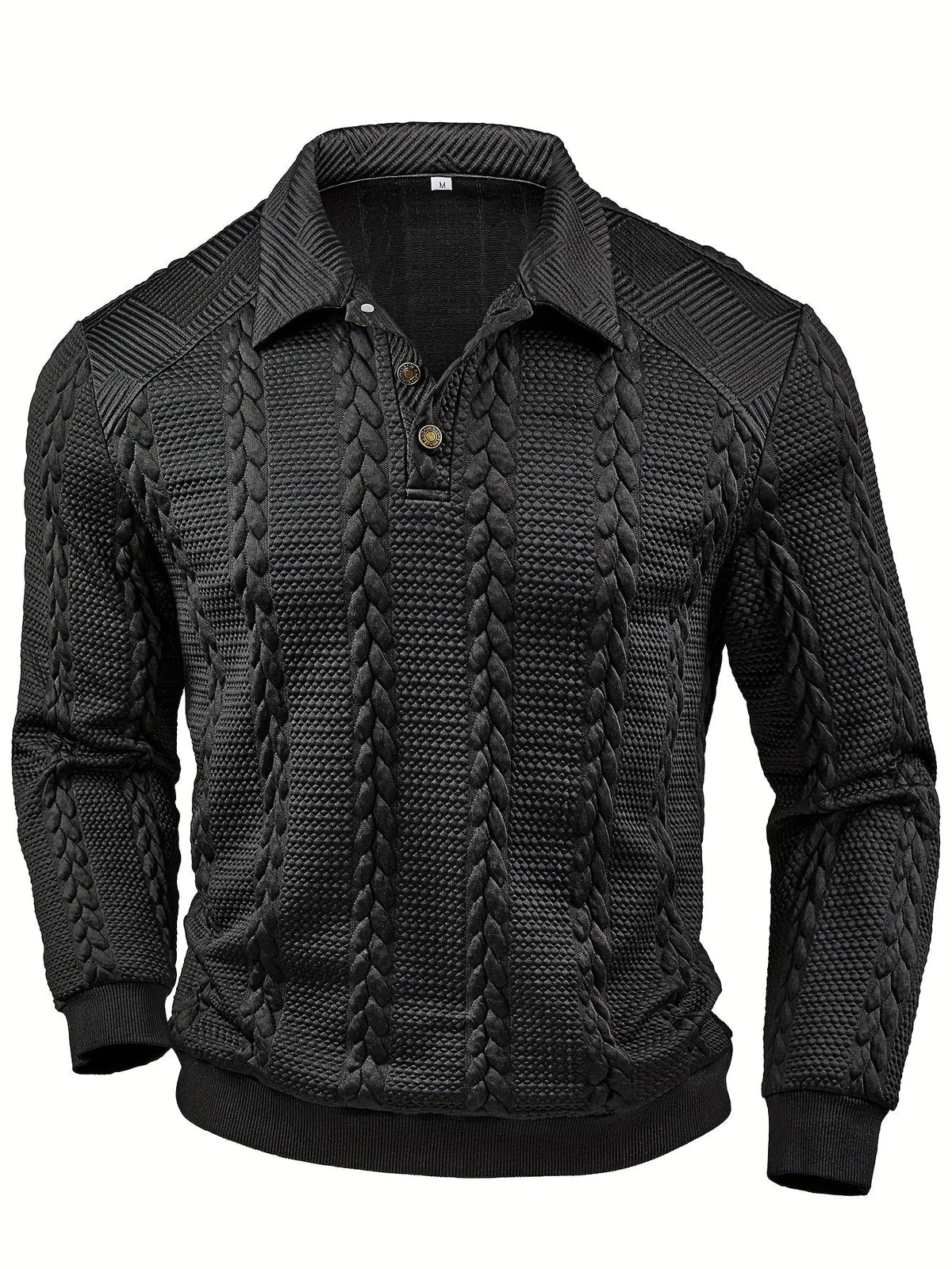 Herren Poloshirt Strickpullover Zopfmuster Knopfleiste Langarm Dunkelgrau