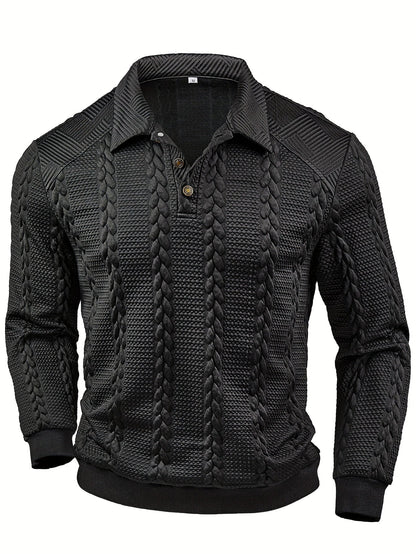 Herren Poloshirt Strickpullover Zopfmuster Knopfleiste Langarm Dunkelgrau