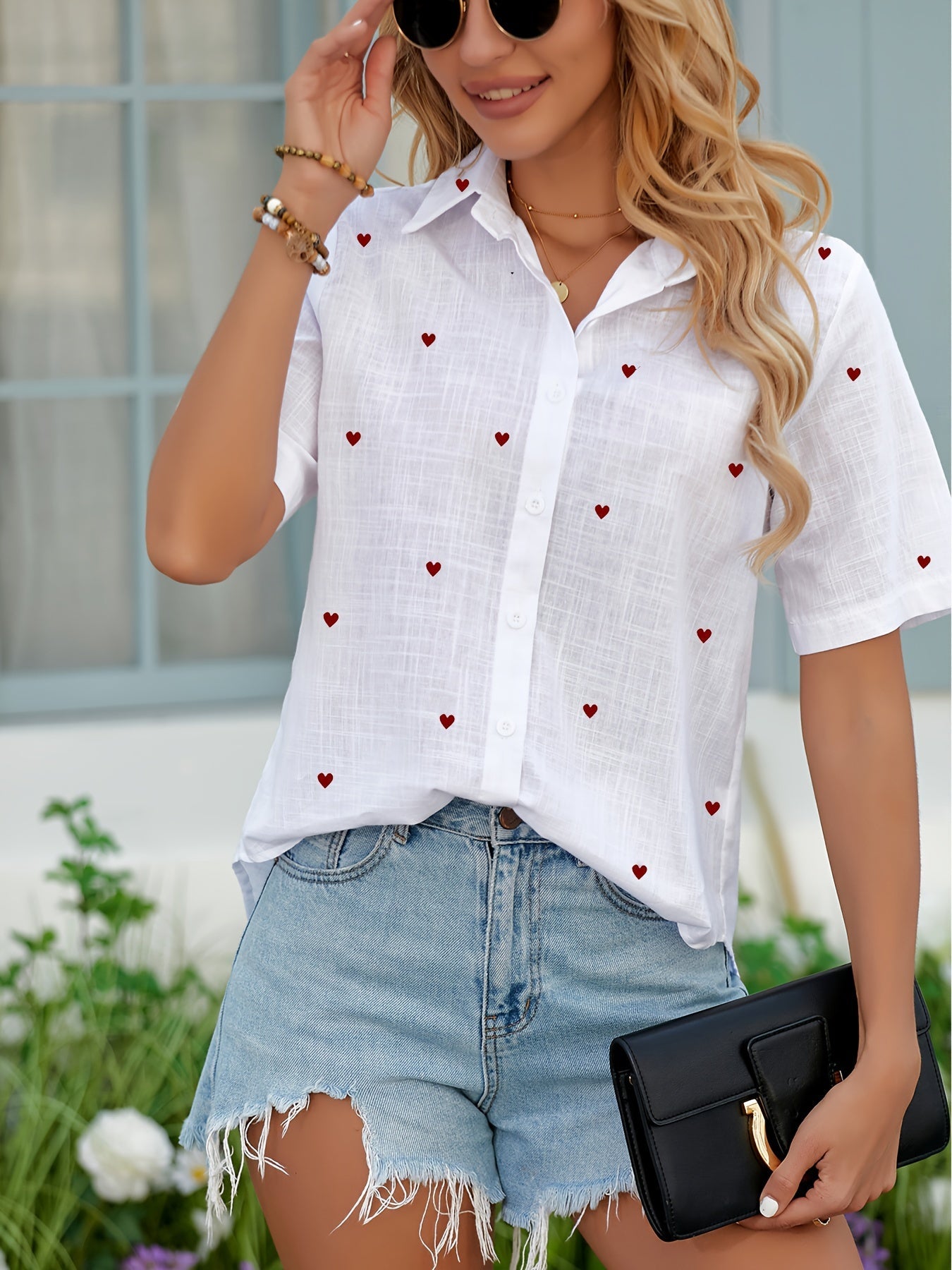 Damen Kurzarm Bluse mit Herzmuster – Sommerliche Freizeitmode, Modern und Vielseitig