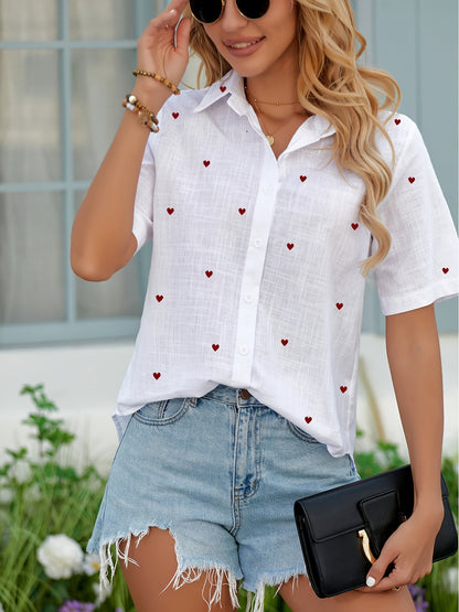 Damen Kurzarm Bluse mit Herzmuster – Sommerliche Freizeitmode, Modern und Vielseitig