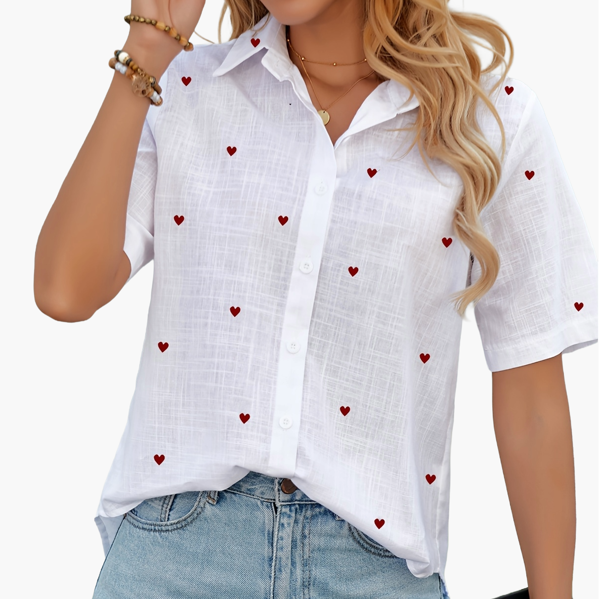 Damen Kurzarm Bluse mit Herzmuster – Sommerliche Freizeitmode, Modern und Vielseitig