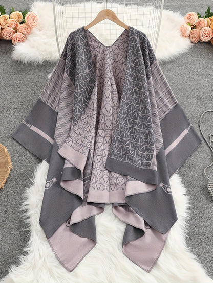 Damen Poncho Cape mit offenem Schnitt und geometrischem Muster – Boho Stil für Freizeit und Alltag