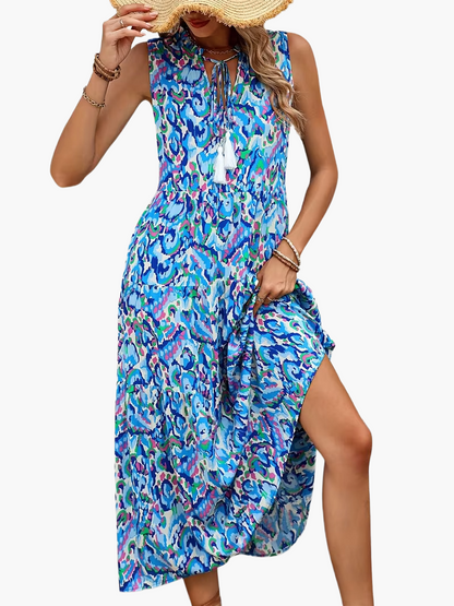 Damen Sommerkleid Elegant Boho Style Ärmellos Midi Freizeitkleid mit Kordel und Quasten