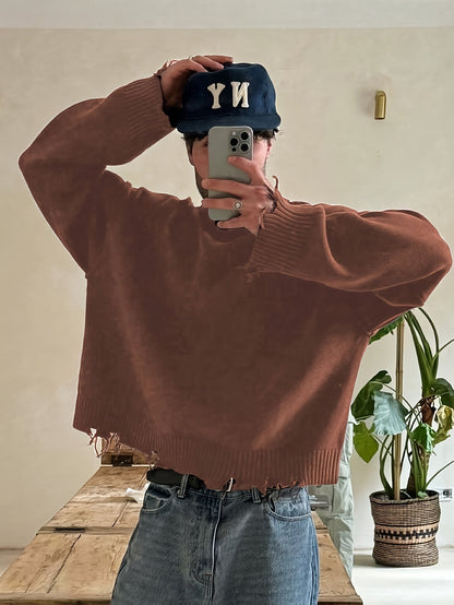 Unisex Distressed Pullover mit Rundhals Ausschnitt und Rippbündchen
