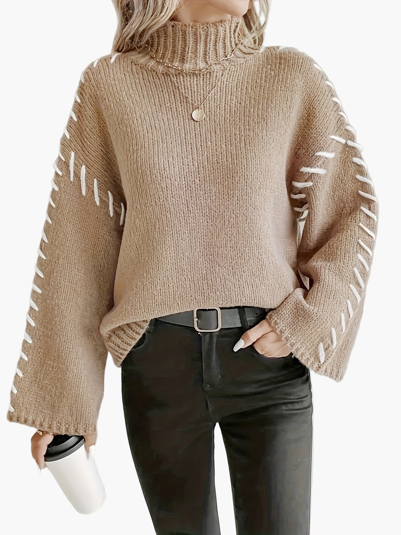 Damen Strickpullover mit weitem Ärmel und Ziernaht – Eleganter Herbst/Winter Pullover mit hohem Kragen