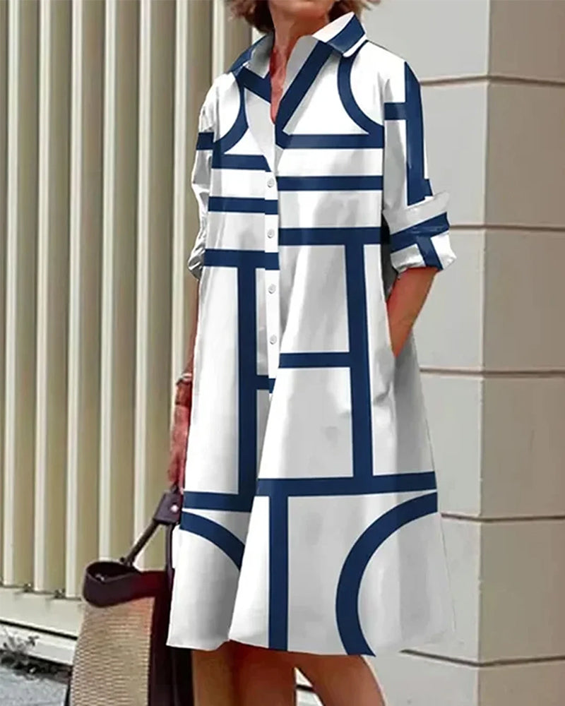 Damen Shirtkleid mit geometrischem Print und Taschen – Eleganter Freizeit- und Büro-Look