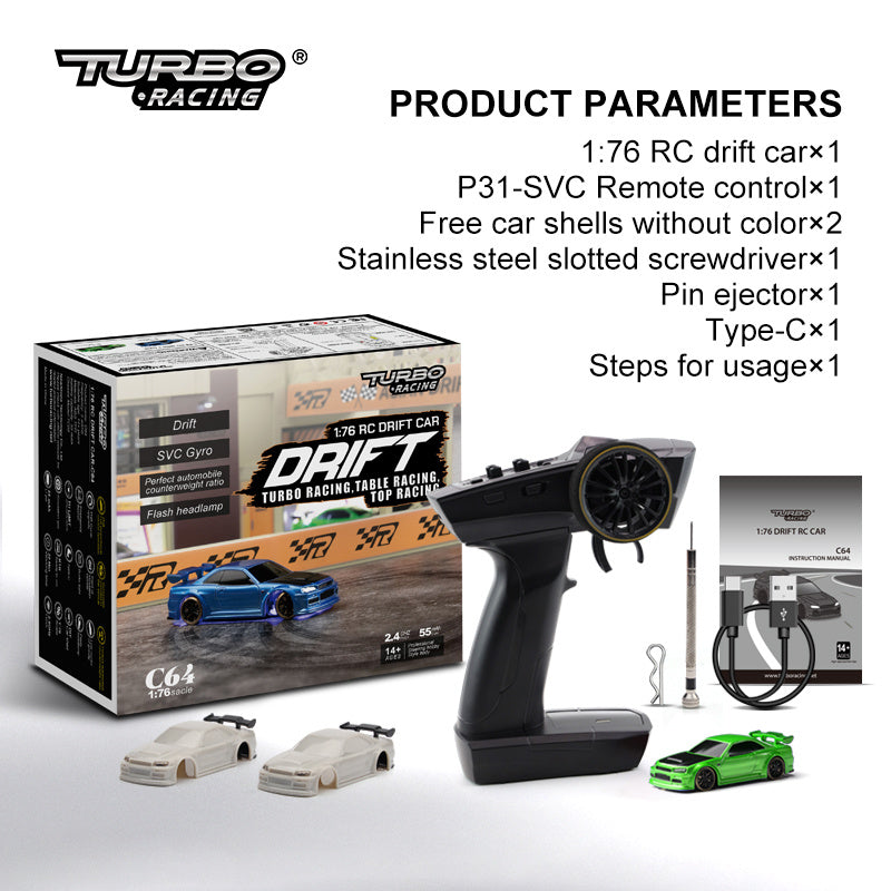 1:76 RC Drift Car C64 – Ferngesteuertes Drift-Auto für Jungen, Mädchen und Erwachsene, Turbo Racing Tisch-Rennen