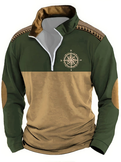Herren Halbarm-Pullover mit Reißverschluss, Kompass-Motiv & Ellbogen-Patches, Zweifarbig