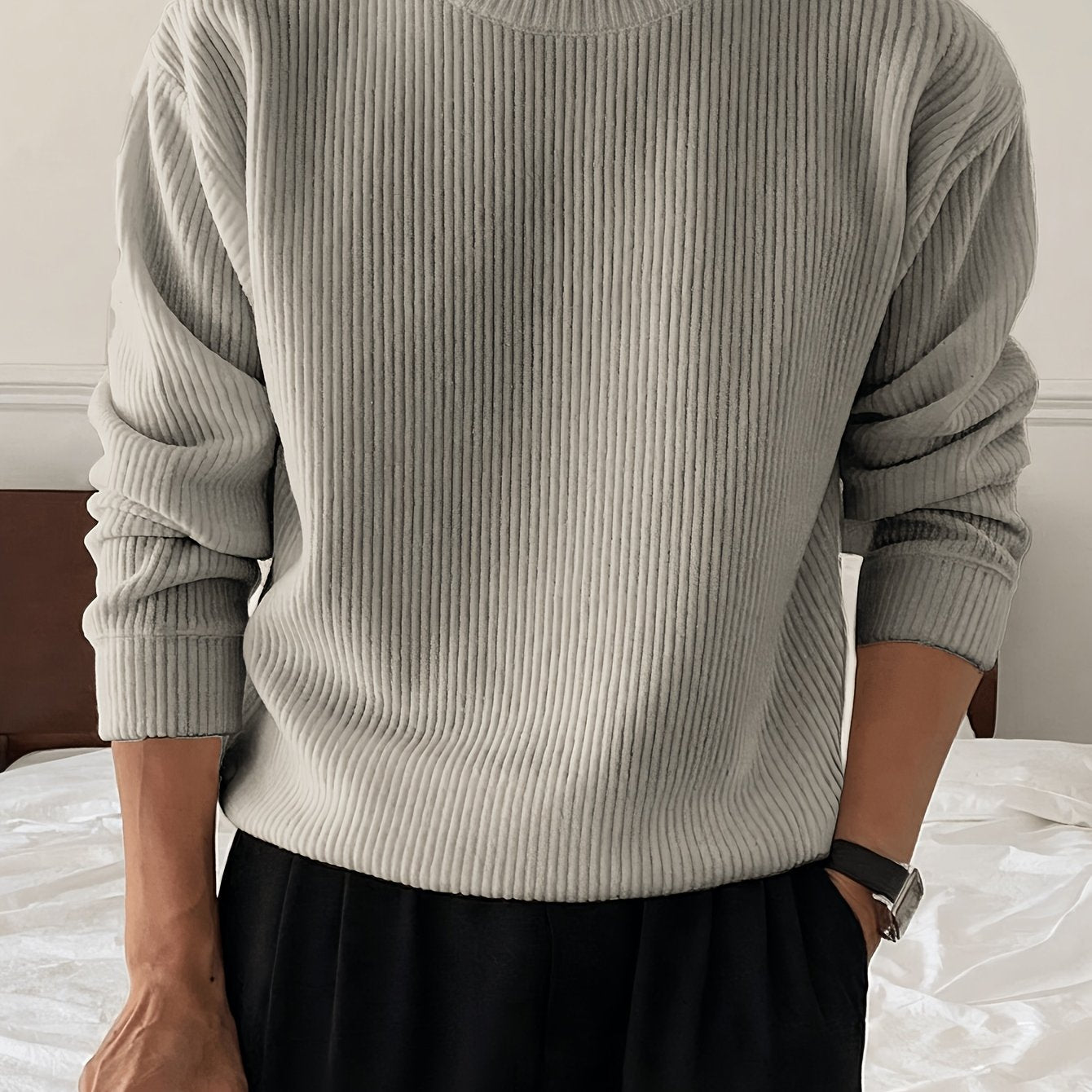 Gerippter Pullover Langarm Rundhalsausschnitt Freizeit Sweater für Herren – Weich & Bequem