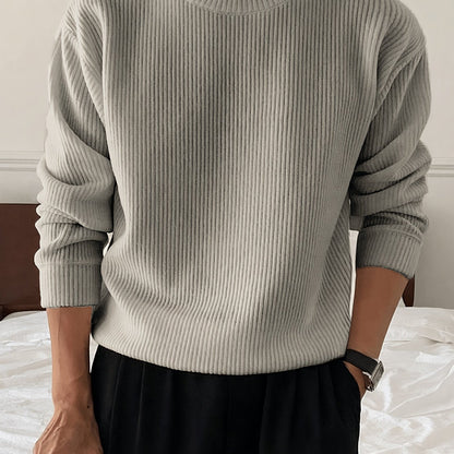 Gerippter Pullover Langarm Rundhalsausschnitt Freizeit Sweater für Herren – Weich & Bequem