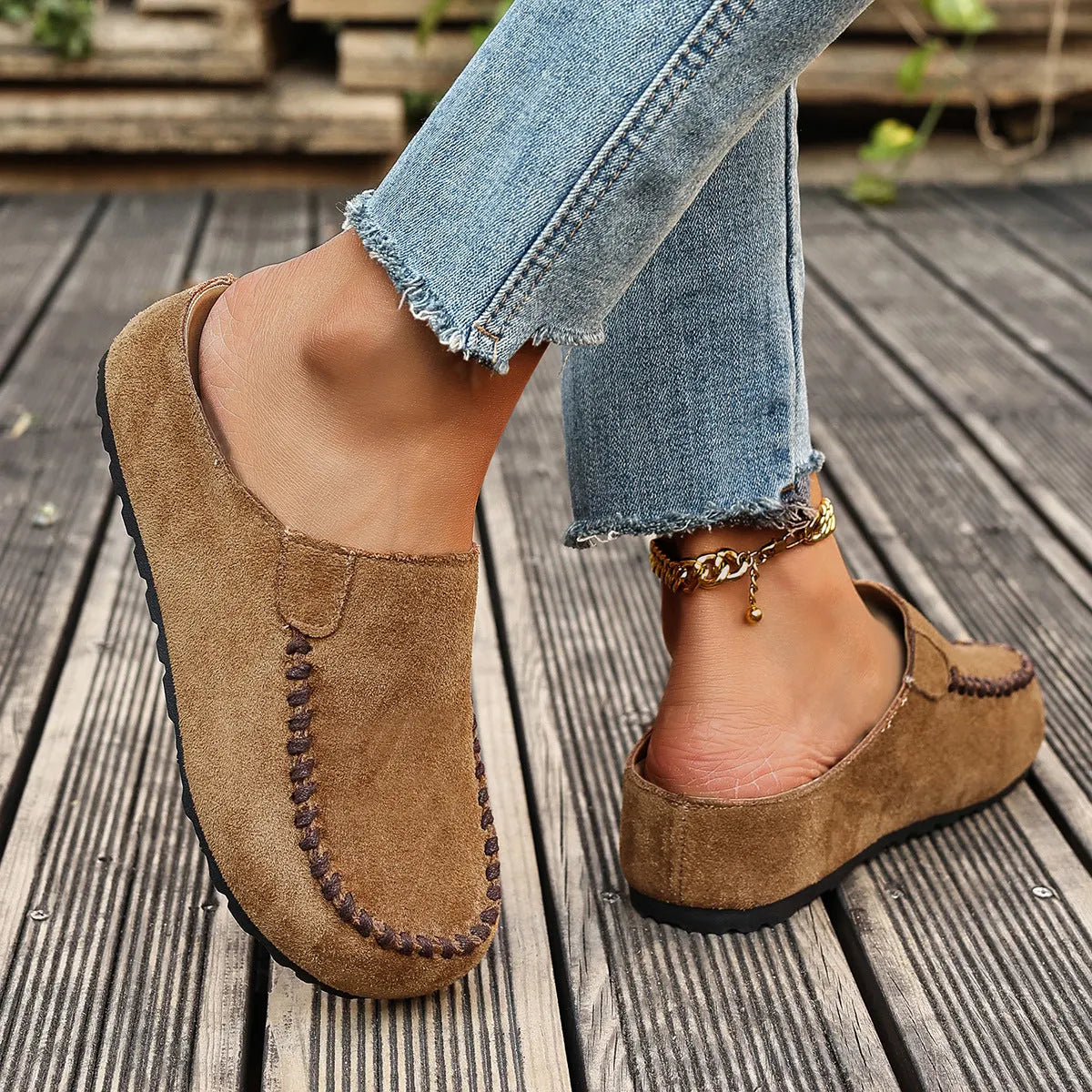 Damen Slipper Mules mit Ziernaht Komfortschuhe Braun