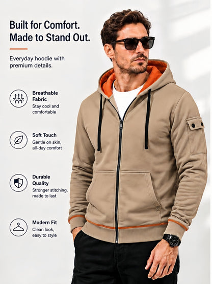 Herren Kapuzenjacke mit Reißverschluss und Kontrastfutter, Ärmeltasche
