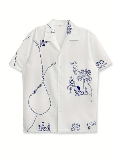 Herren Kurzarm-Resorthemd mit künstlerischem floralen Line-Art-Design – Modernes Freizeitshirt für stilvolle Sommermomente