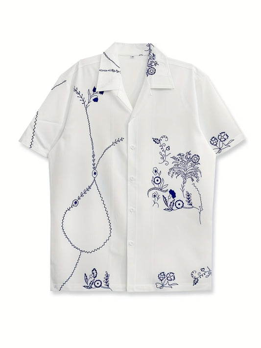 Herren Kurzarm-Resorthemd mit künstlerischem floralen Line-Art-Design – Modernes Freizeitshirt für stilvolle Sommermomente