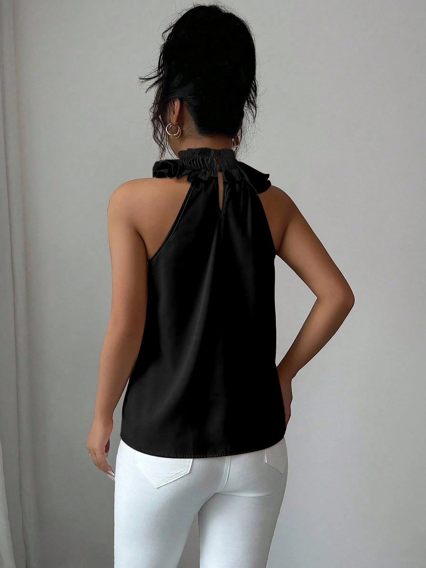 Damen Elegante Rüschenbluse mit Stehkragen – Ärmellos, Stilvoll, Für Büro und besondere Anlässe