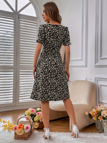 Damen Sommerkleid mit Blumenmuster und hohem Schlitz – Elegantes Freizeitkleid im Retro-Stil