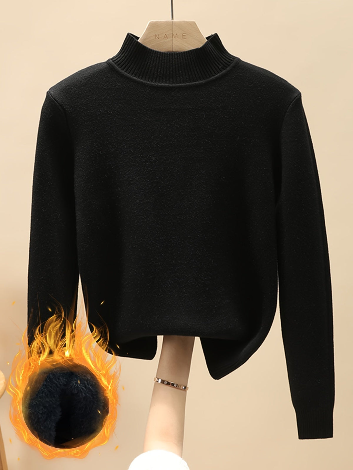 Damen Rollkragen Pullover mit Fleece-Futter – Langarm Basic Shirt Warm