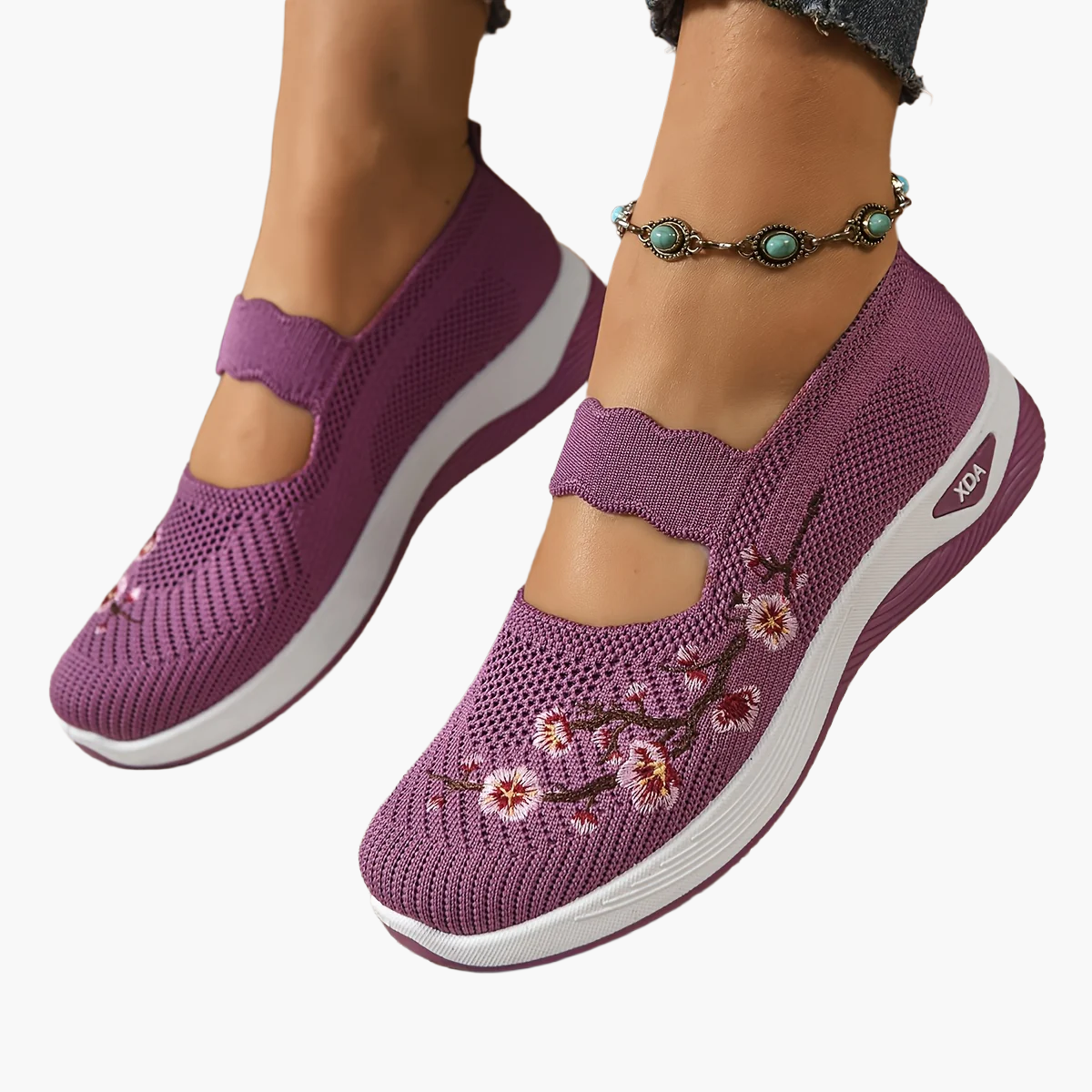 Damen Komfort-Sneaker mit floraler Stickerei und Klettverschluss – Bequeme Freizeitschuhe für Alltag und Spaziergänge