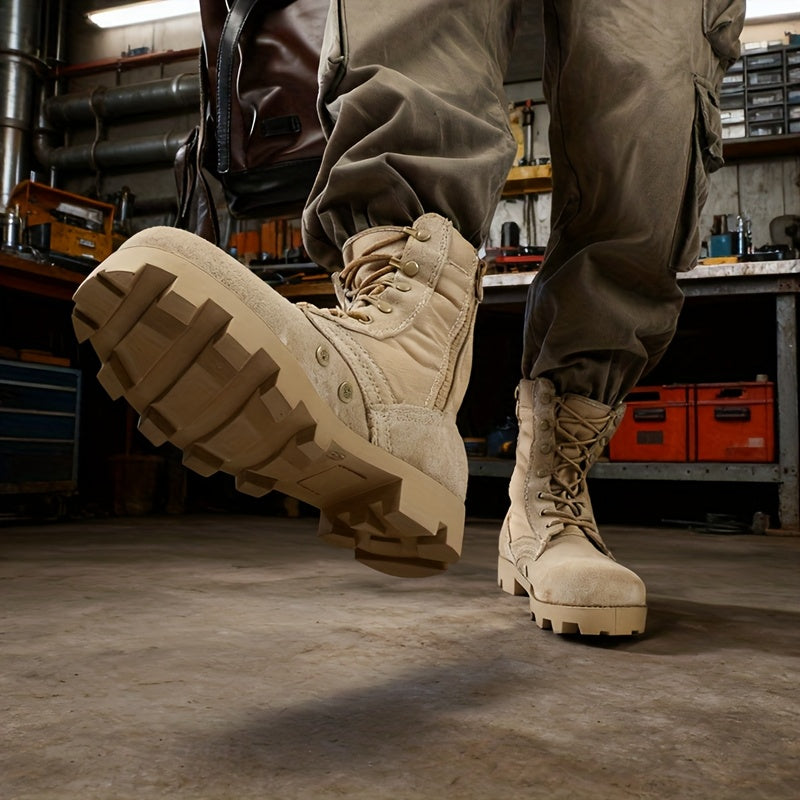 Stiefel Herren Beige Outdoor Schnürstiefel mit Reißverschluss Hoher Schaft